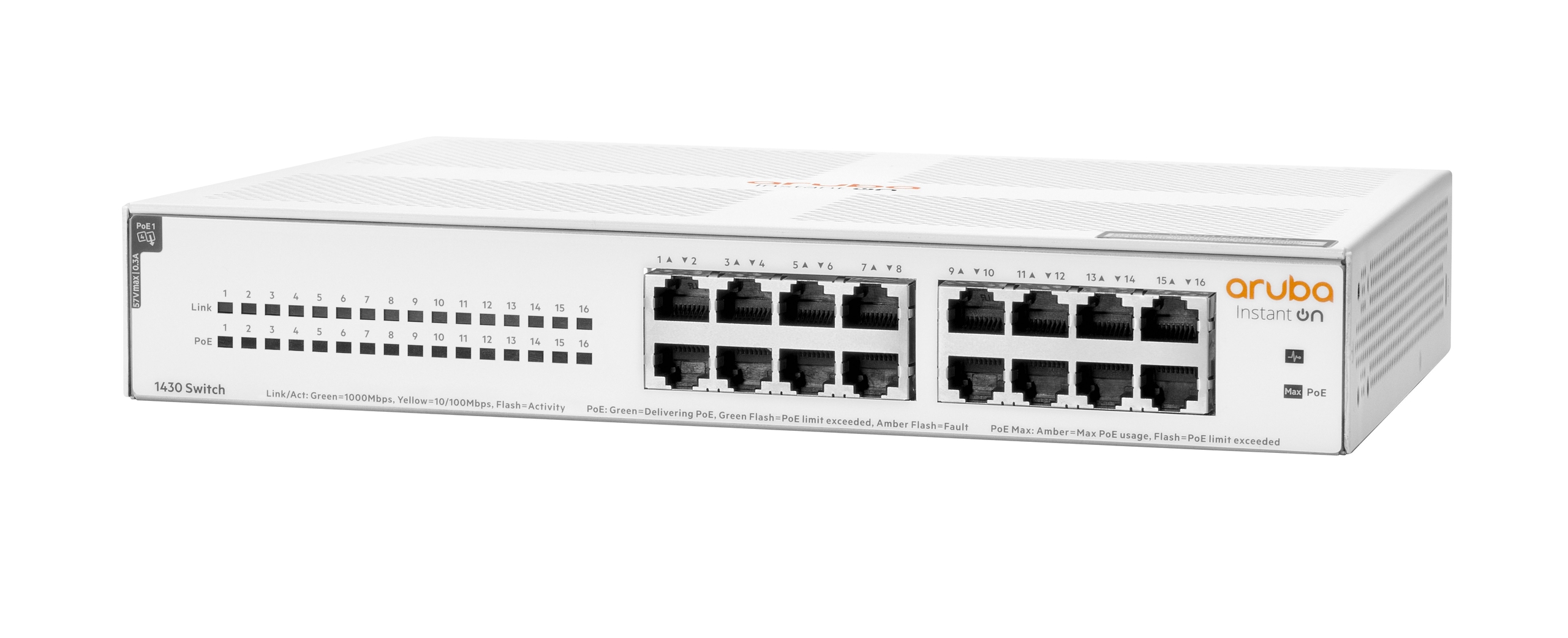 Aruba Instant On 1430 16-Port PoE Switch Front Angle