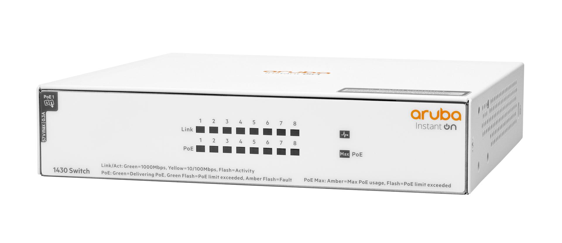 Aruba Instant On 1430 8-Port PoE Unmanaged Switch (R8R46A) Datasheet Front Angle
