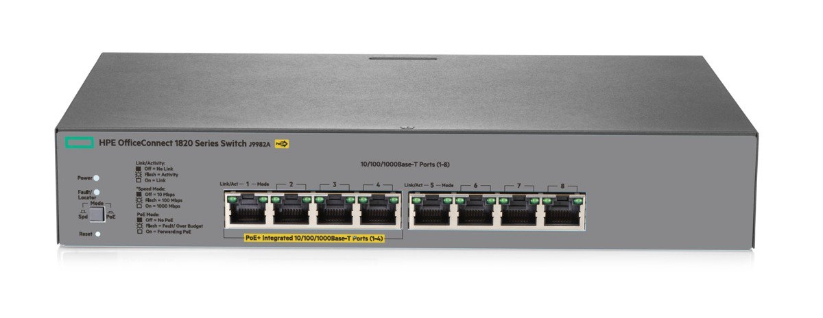 HPE 1820 8G PoE+ 65W Switch J9982A Front Angle