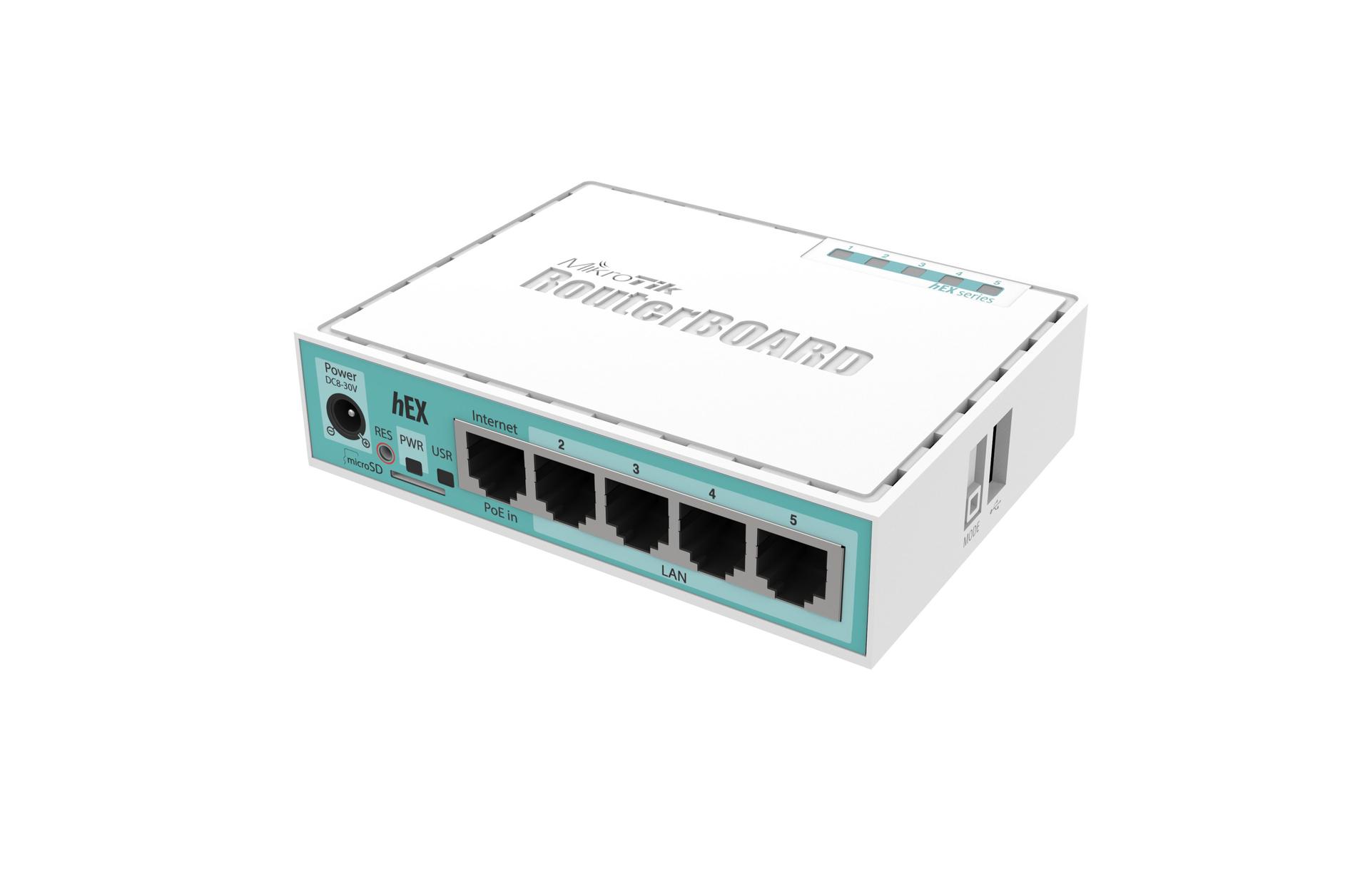 MikroTik RB750Gr3 hEX 5-Port Router Front Angle Image