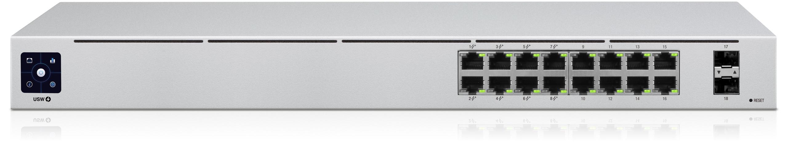 Ubiquiti UniFi USW-16-POE Gen2 16 Port Switch with PoE+ Top Angle Image