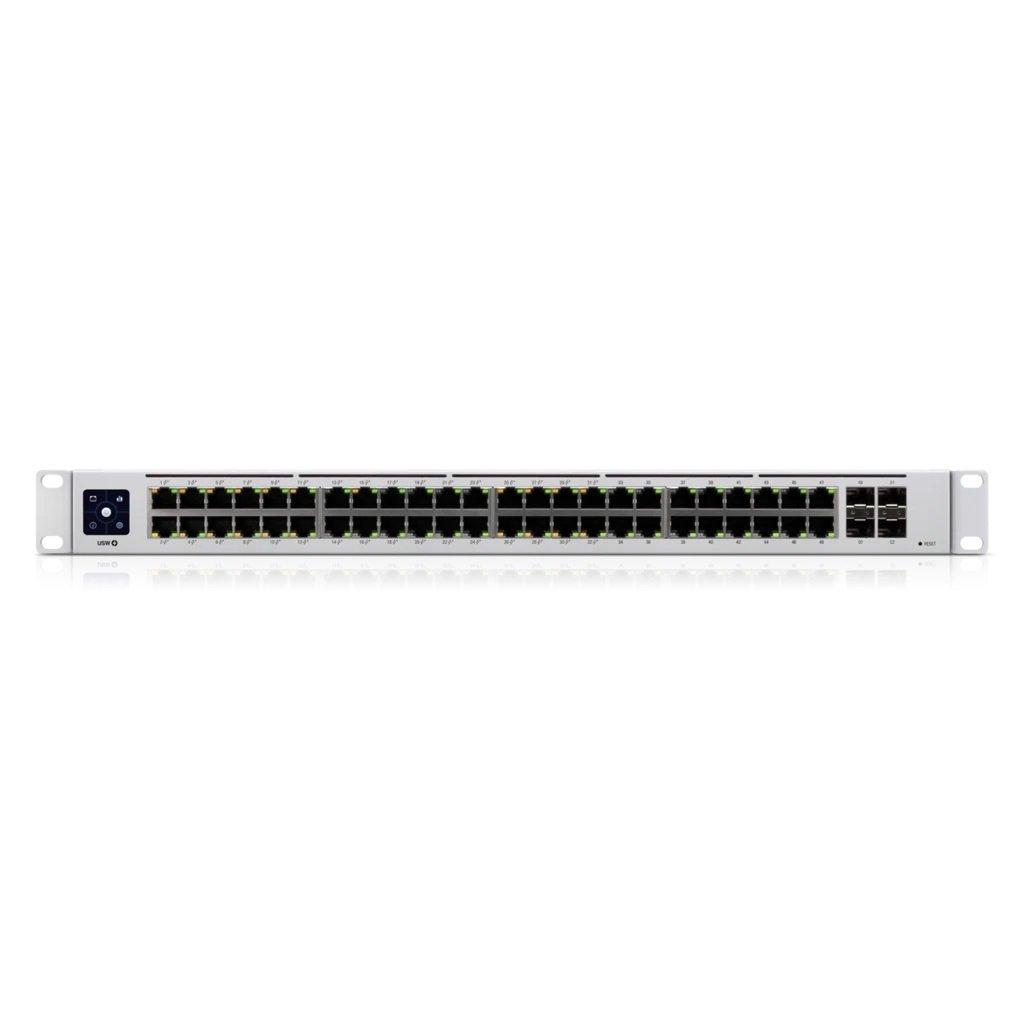 Ubiquiti UniFi USW-48-POE 48-Port PoE+ Gen2 Gigabit Network Switch Front View Image with Mount Brackets
